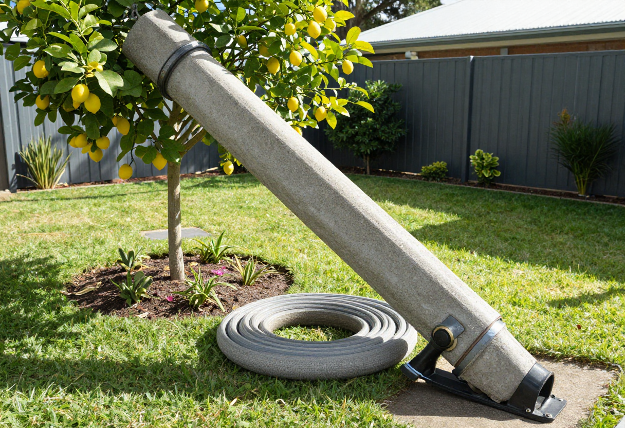 Concrete pump hose running through Australian residential backyard