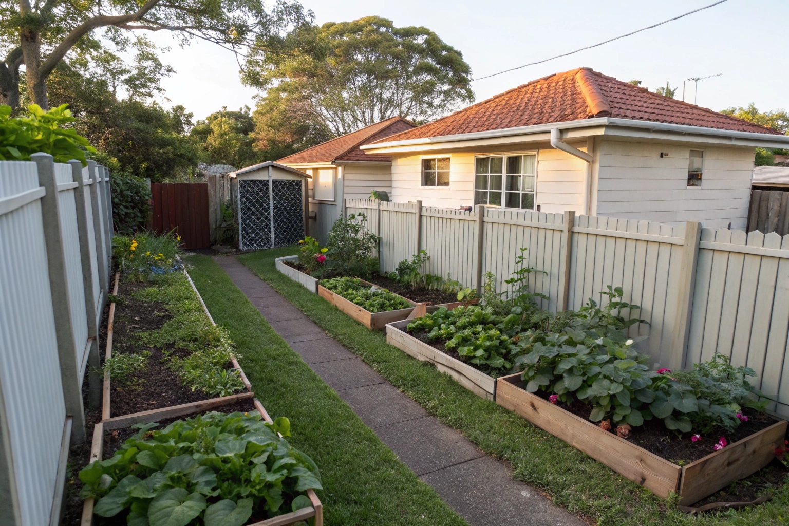 Narrow side access between Ipswich home and fence requiring concrete line pump hire