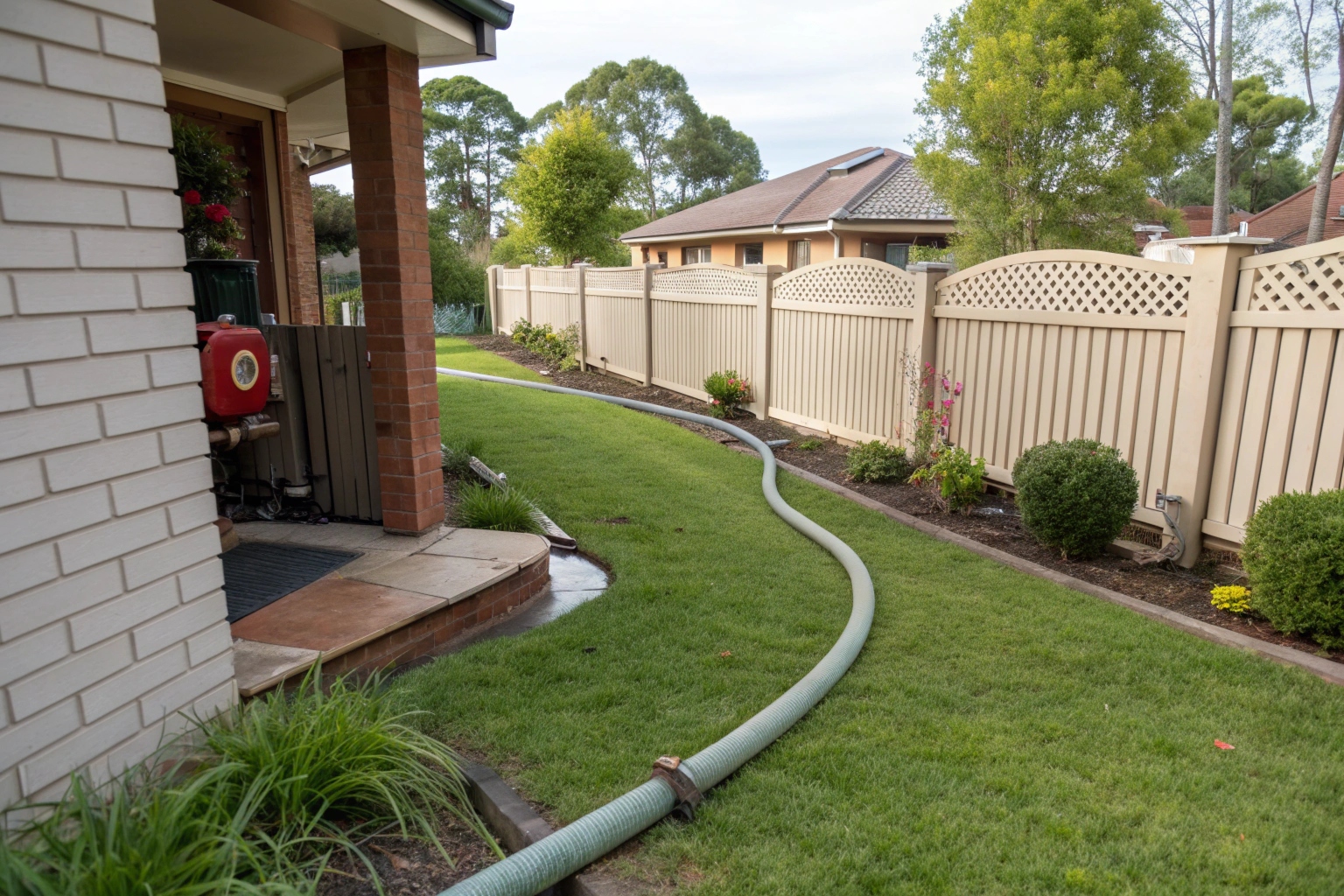 concrete-pump-hose-extending-through-a-narrow-side Line pump hose accessing backyard through narrow side gate for Ipswich home concrete pour