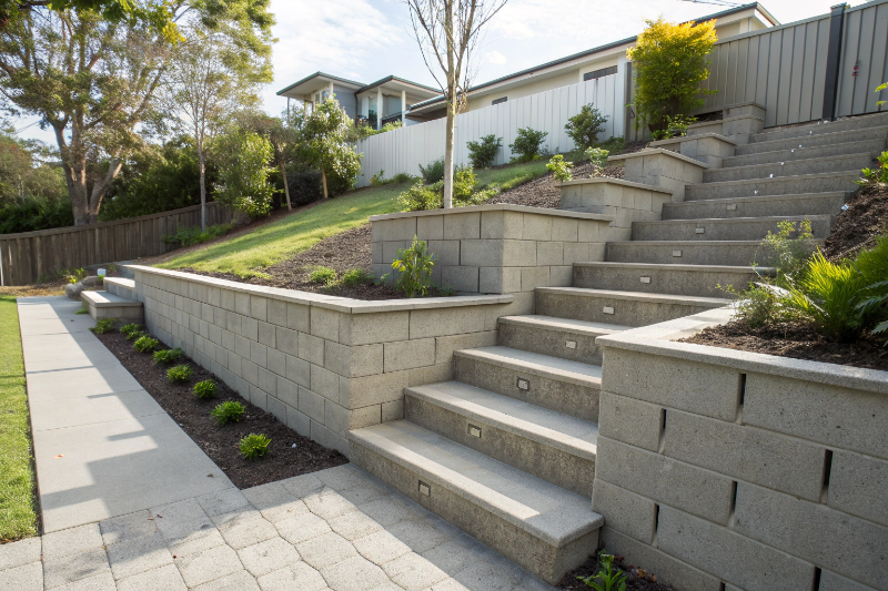 Integrated concrete steps and retaining wall system on sloped property in Ipswich Queensland