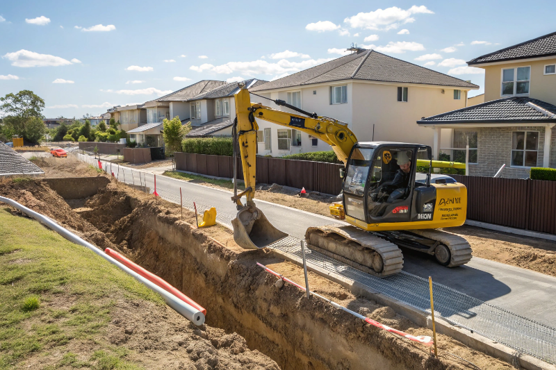 Professional excavating contractor operating modern excavator on residential construction site in Ipswich