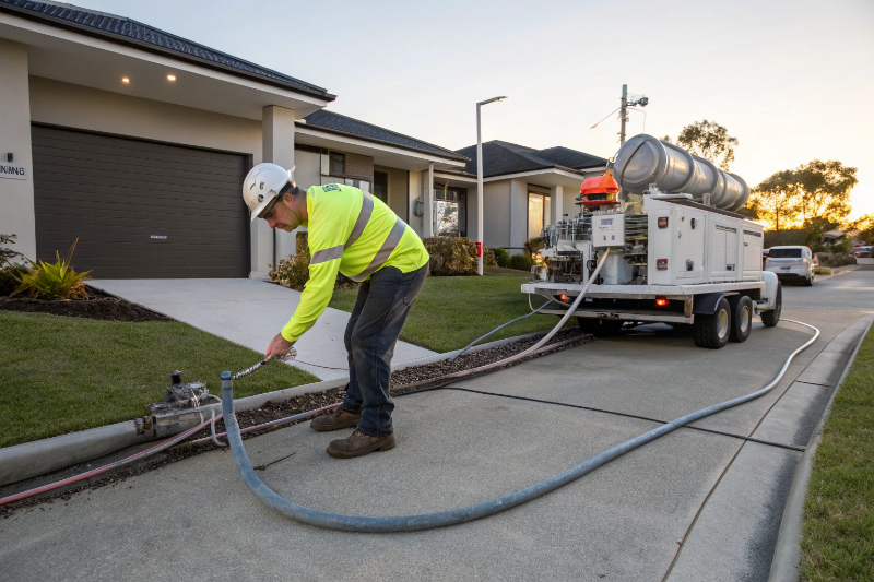 Light-duty concrete pump rental Ipswich - professional operator setting up pump hoses for residential concrete pour