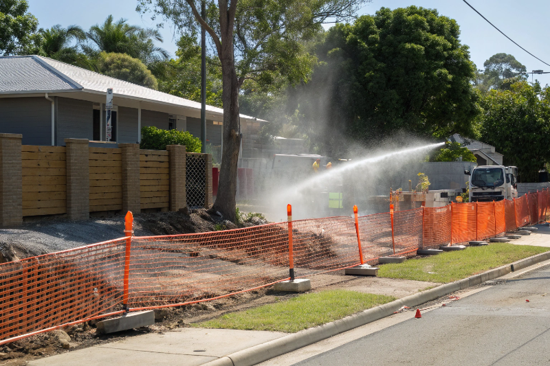 Dust suppression and safety barriers protecting neighboring properties during concrete demolition Ipswich