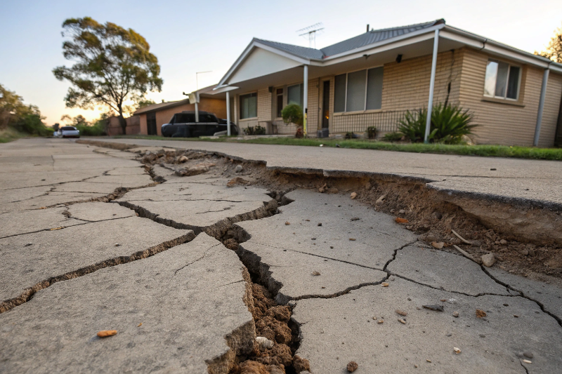 Cracked concrete driveway damaged by reactive clay soils in Ipswich
