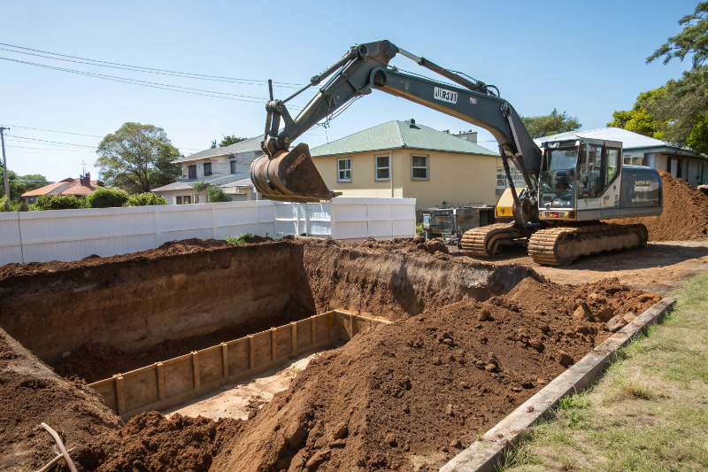 Excavator preparing house site foundation in Ipswich showing reactive clay soil excavation for concrete slab