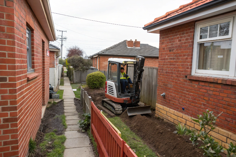 Mini excavator accessing Ipswich backyard through narrow side gate for tight access pool excavation